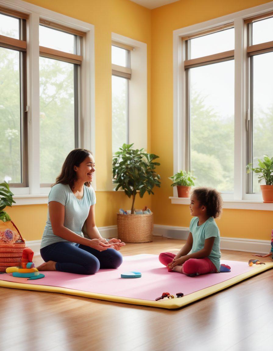 A serene therapy room with a diverse group of children engaging in neurodevelopmental activities, showcasing various motor skills exercises. Include colorful therapy tools like soft mats, balancing beams, and interactive toys. The therapist is guiding them with a warm smile, fostering a sense of community and support. Natural light flows in through a window, highlighting the joyful atmosphere. super-realistic. vibrant colors. soft lighting.