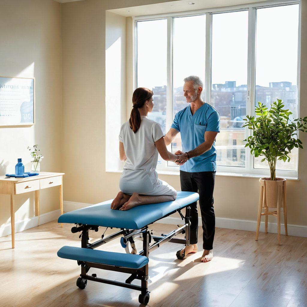 A captivating scene showcasing a physiotherapist guiding a patient through the Bobath Method in a bright, airy rehabilitation clinic. The therapist and patient should display focused expressions, surrounded by vibrant therapy equipment. Soft sunlight streaming through large windows illuminates the space, symbolizing hope and recovery. Include subtle details such as a wall with motivational quotes about movement and healing. super-realistic. vibrant colors. bright background.